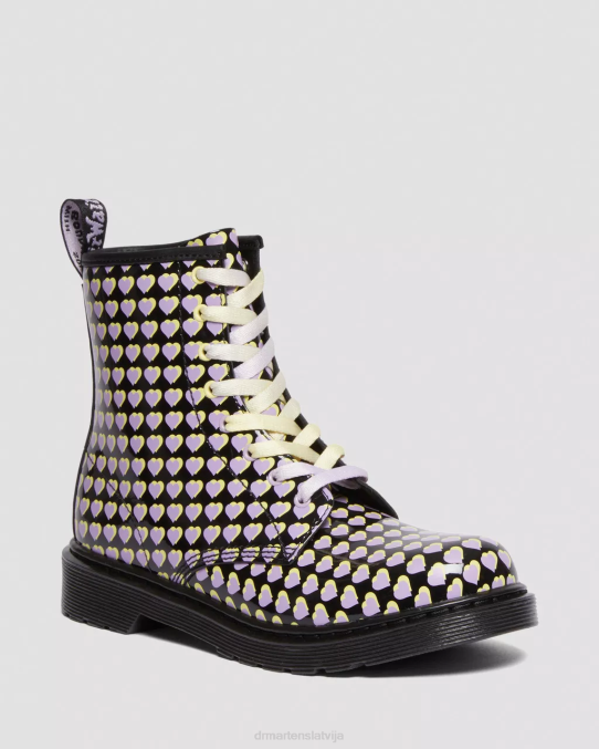 Dr. Martens apavi bērni melns lucido & patentlampa jaunības 1460 patentētas sirds apdrukātas šņorzābaki LHJP470