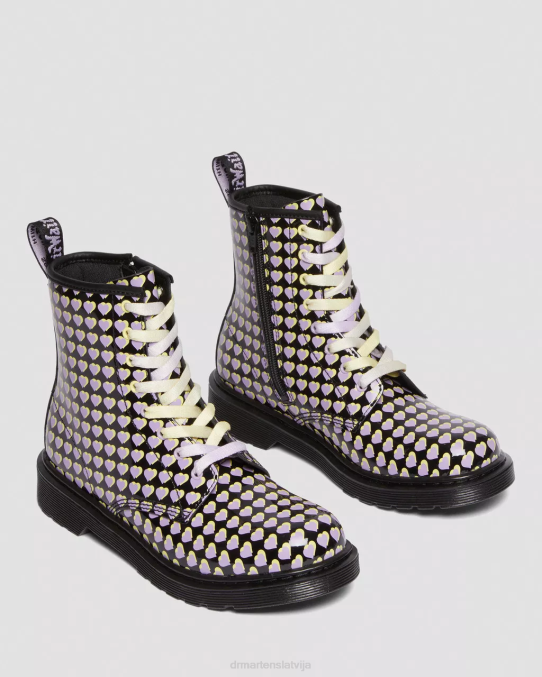 Dr. Martens apavi bērni melns lucido & patentlampa jaunības 1460 patentētas sirds apdrukātas šņorzābaki LHJP470