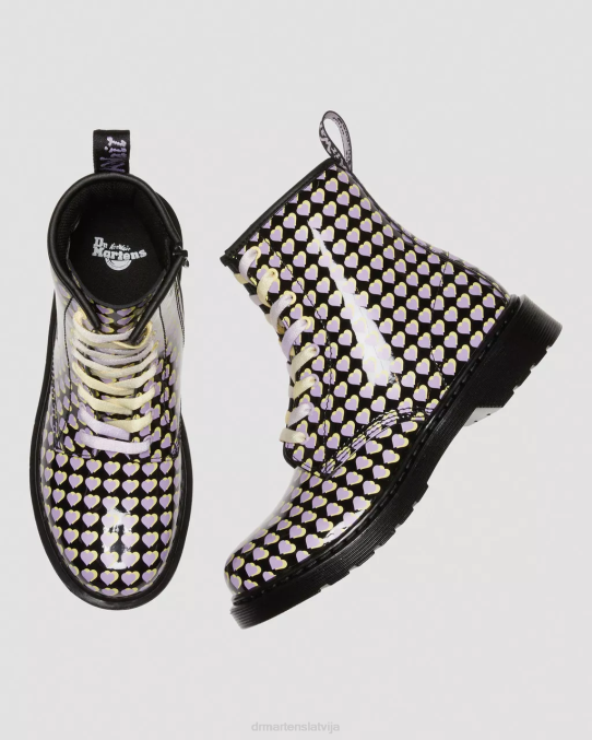 Dr. Martens apavi bērni melns lucido & patentlampa jaunības 1460 patentētas sirds apdrukātas šņorzābaki LHJP470