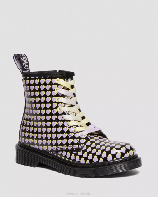 Dr. Martens apavi bērni melns lucido & patentlampa junior 1460 patentēta sirds apdrukāta šņorzābaki LHJP441