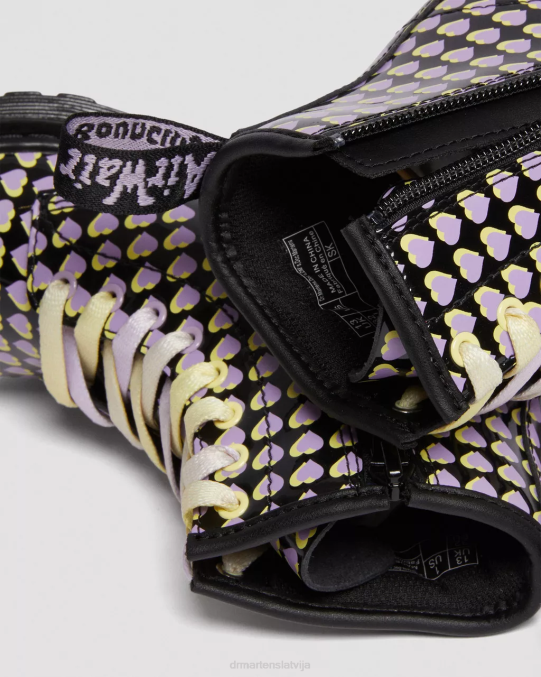 Dr. Martens apavi bērni melns lucido & patentlampa junior 1460 patentēta sirds apdrukāta šņorzābaki LHJP441