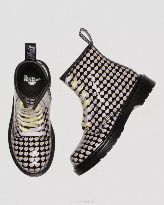 Dr. Martens apavi bērni melns lucido & patentlampa junior 1460 patentēta sirds apdrukāta šņorzābaki LHJP441