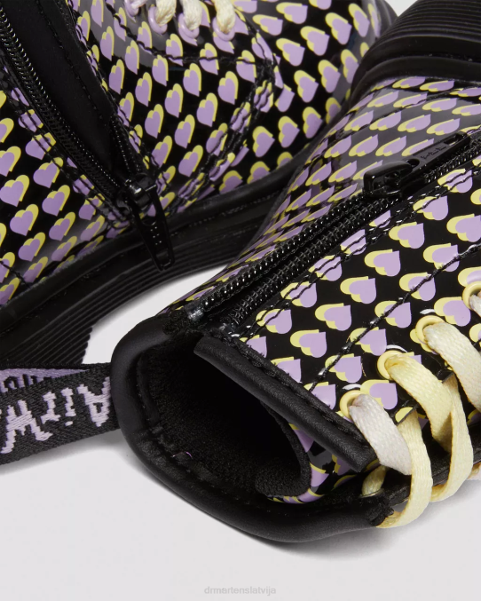 Dr. Martens apavi bērni melns lucido & patentlampa toddler 1460 patentēta sirds apdrukāta šņorzābaki LHJP414