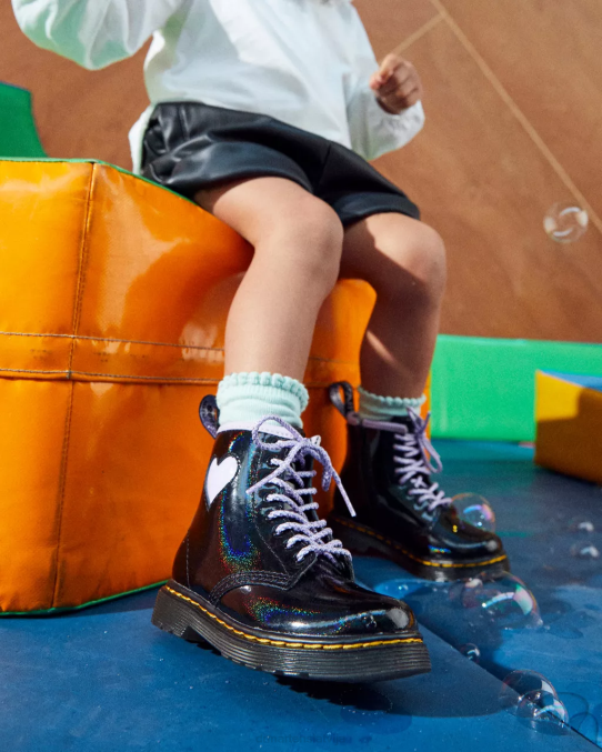 Dr. Martens apavi bērni melns un ceriņi galaktikas mirdzums Toddler 1460 mirdzoši sirds šņorzābaki LHJP422