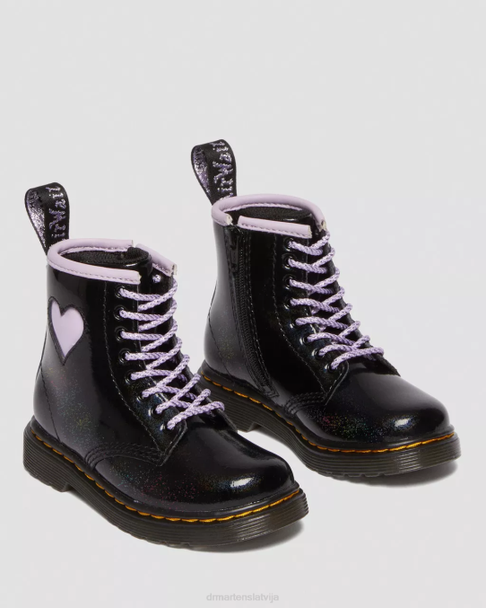 Dr. Martens apavi bērni melns un ceriņi galaktikas mirdzums Toddler 1460 mirdzoši sirds šņorzābaki LHJP422