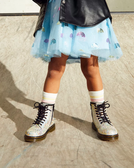 Dr. Martens apavi bērni pelēks metālisks disko krunciņš Toddler 1460 krokām metāla šņorzābaki LHJP417