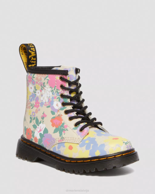 Dr. Martens apavi bērni pergaments bēšs ziedu mash up k hidro toddler 1460 ziedu mash up ādas šņorzābaki LHJP415