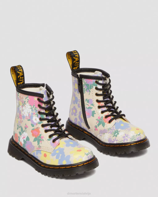 Dr. Martens apavi bērni pergaments bēšs ziedu mash up k hidro toddler 1460 ziedu mash up ādas šņorzābaki LHJP415