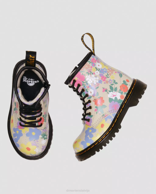 Dr. Martens apavi bērni pergaments bēšs ziedu mash up k hidro toddler 1460 ziedu mash up ādas šņorzābaki LHJP415