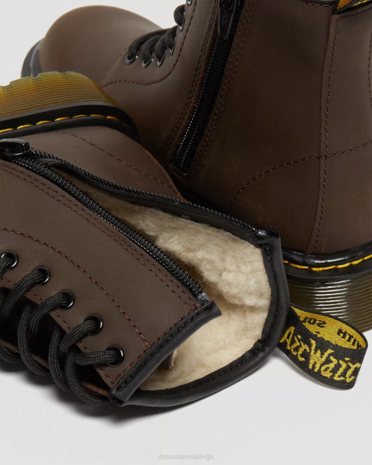 Dr. Martens apavi bērni tumši brūns mohauks junior 1460 mākslīgās kažokādas oderi šņorzābaki LHJP452