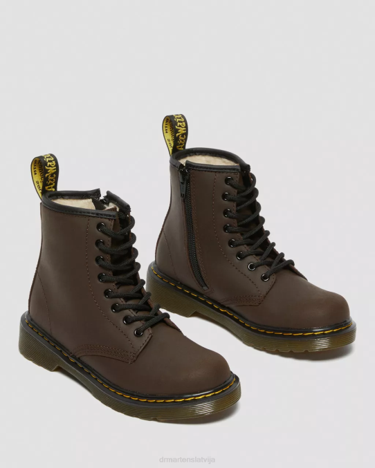 Dr. Martens apavi bērni tumši brūns mohauks junior 1460 mākslīgās kažokādas oderi šņorzābaki LHJP452
