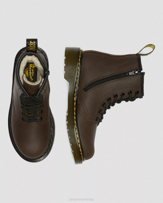 Dr. Martens apavi bērni tumši brūns mohauks junior 1460 mākslīgās kažokādas oderi šņorzābaki LHJP452