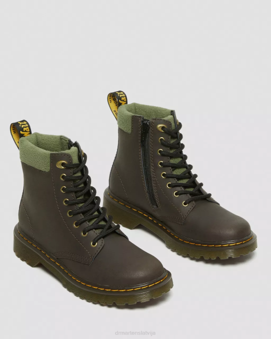 Dr. Martens apavi bērni tumši brūns un haki Toddler 1460 apkakles flīsa odere šņorzābaki LHJP411
