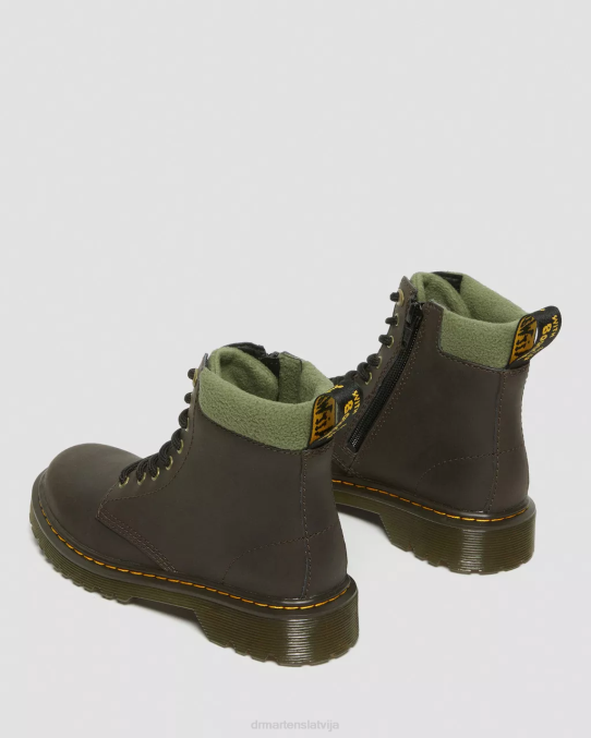 Dr. Martens apavi bērni tumši brūns un haki Toddler 1460 apkakles flīsa odere šņorzābaki LHJP411