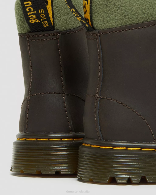 Dr. Martens apavi bērni tumši brūns un haki Toddler 1460 apkakles flīsa odere šņorzābaki LHJP411