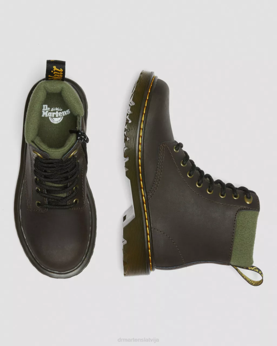 Dr. Martens apavi bērni tumši brūns un haki Toddler 1460 apkakles flīsa odere šņorzābaki LHJP411