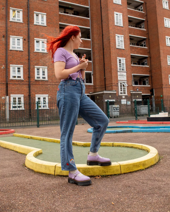 Dr. Martens apavi sievietes ceriņu slīpēta nappa addina ziedu sprādzes ādas platformas kurpes LHJP241