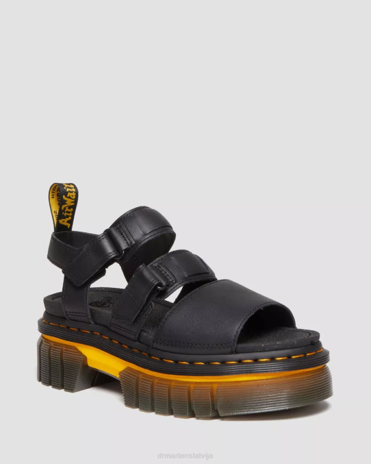 Dr. Martens apavi sievietes melns pulēts lucido ricki kontrasta zoles ādas 3 siksnu platformas sandales LHJP273