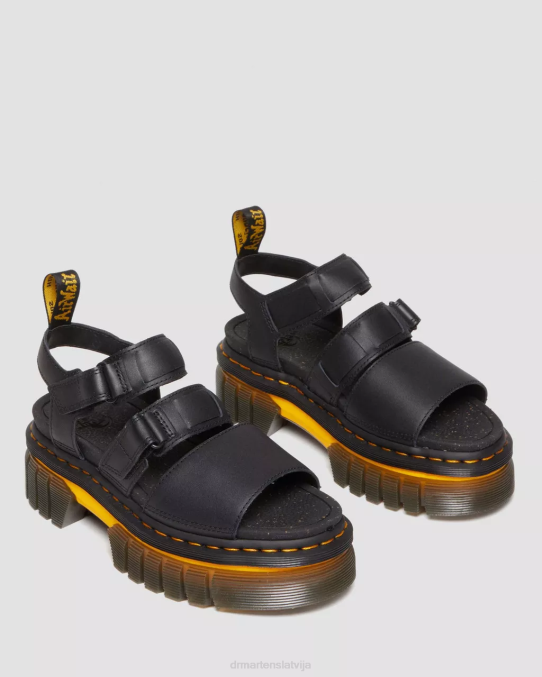 Dr. Martens apavi sievietes melns pulēts lucido ricki kontrasta zoles ādas 3 siksnu platformas sandales LHJP273