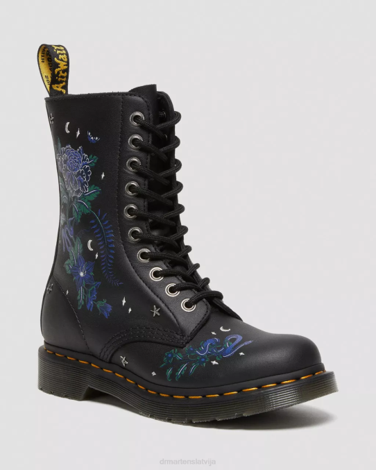 Dr. Martens apavi sievietes melna ziedu mash up k hidro 1490 mistiski ziedu ādas zābaki līdz ikru vidum LHJP364