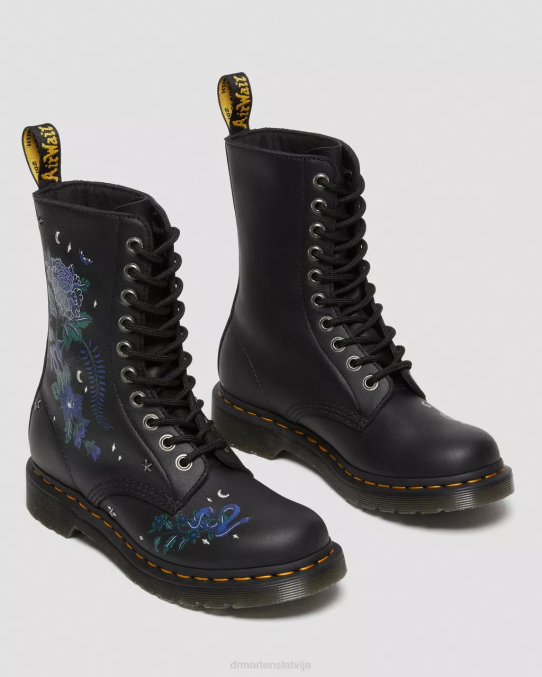 Dr. Martens apavi sievietes melna ziedu mash up k hidro 1490 mistiski ziedu ādas zābaki līdz ikru vidum LHJP364