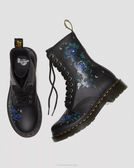 Dr. Martens apavi sievietes melna ziedu mash up k hidro 1490 mistiski ziedu ādas zābaki līdz ikru vidum LHJP364