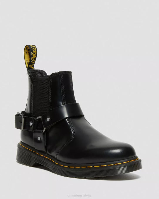 Dr. Martens apavi sievietes melni pulēti gludi wincox gludas ādas zābaki ar sprādzēm LHJP134