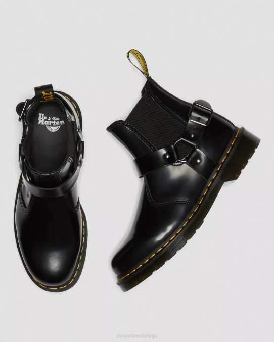Dr. Martens apavi sievietes melni pulēti gludi wincox gludas ādas zābaki ar sprādzēm LHJP134