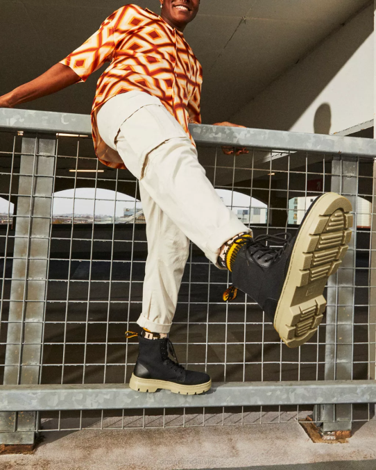 Dr. Martens apavi sievietes melns audekls un slīpēta pārklāta āda ķemmes audekls ikdienas zābaki LHJP173