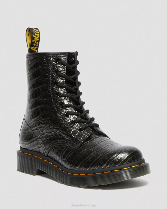 Dr. Martens apavi sievietes gunmetāla savvaļas kroks 1460 Croc emboss ādas šņorzābaki LHJP163