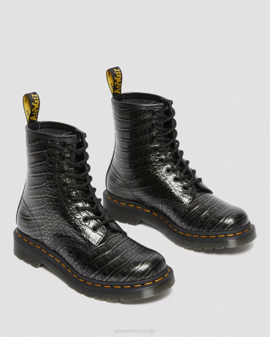 Dr. Martens apavi sievietes gunmetāla savvaļas kroks 1460 Croc emboss ādas šņorzābaki LHJP163