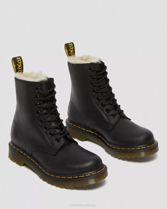Dr. Martens apavi sievietes melni noslīpēts Vaiomings 1460. gada mākslīgās kažokādas šņorzābaki LHJP41