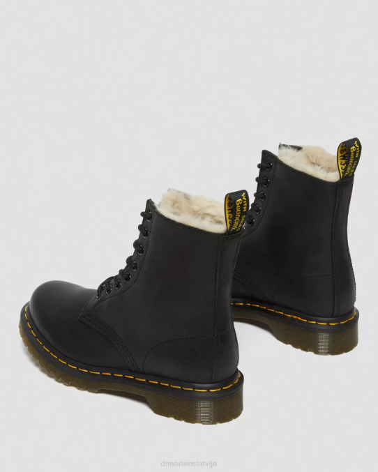 Dr. Martens apavi sievietes melni noslīpēts Vaiomings 1460. gada mākslīgās kažokādas šņorzābaki LHJP41