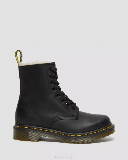 Dr. Martens apavi sievietes melni noslīpēts Vaiomings 1460. gada mākslīgās kažokādas šņorzābaki LHJP41