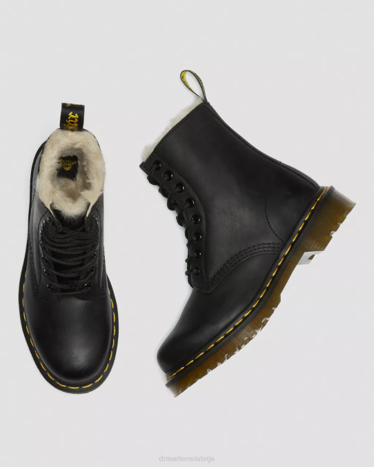 Dr. Martens apavi sievietes melni noslīpēts Vaiomings 1460. gada mākslīgās kažokādas šņorzābaki LHJP41