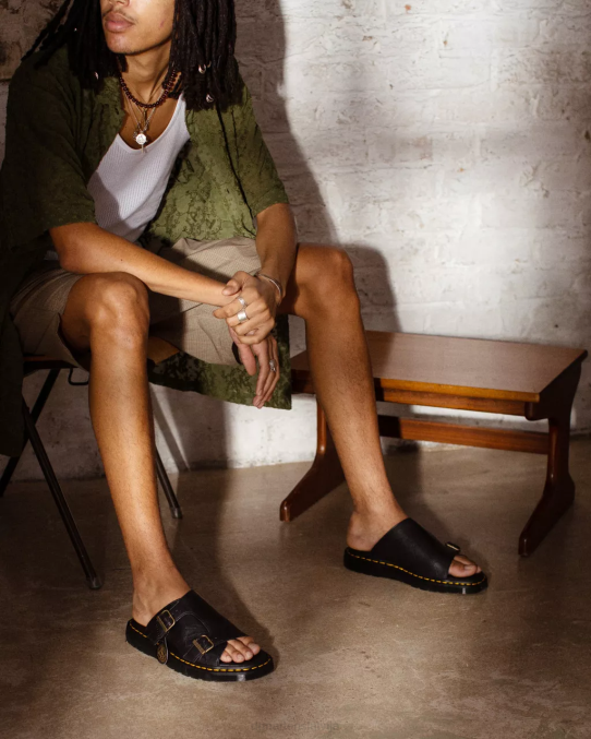 Dr. Martens apavi unisex melns dayne ražotas Anglijā ādas slide sandales LHJP358